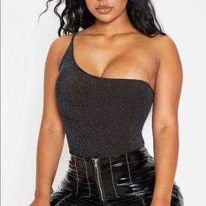 PrettyLittleThing one shoulder black shimmery bodysuit NWOT size 8